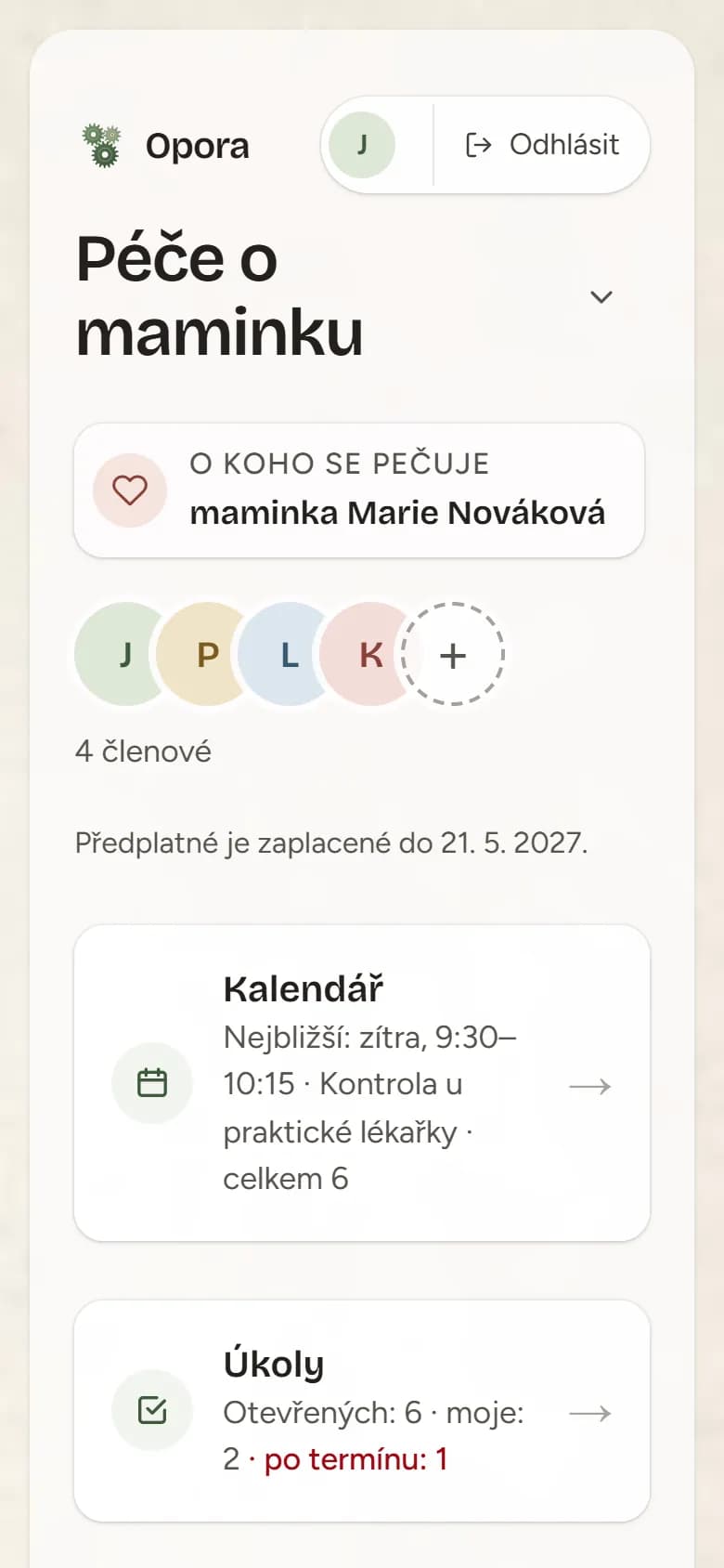 Přehled rodinného kruhu na displeji telefonu