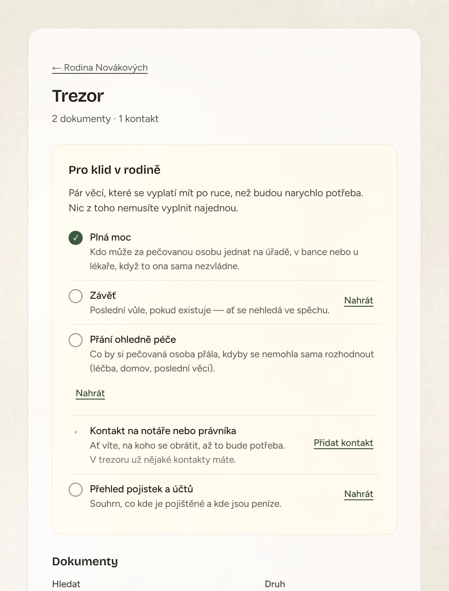 Trezor se seznamem Pro klid v rodině (plná moc, závěť, přání ohledně péče), dokumenty a kontakty