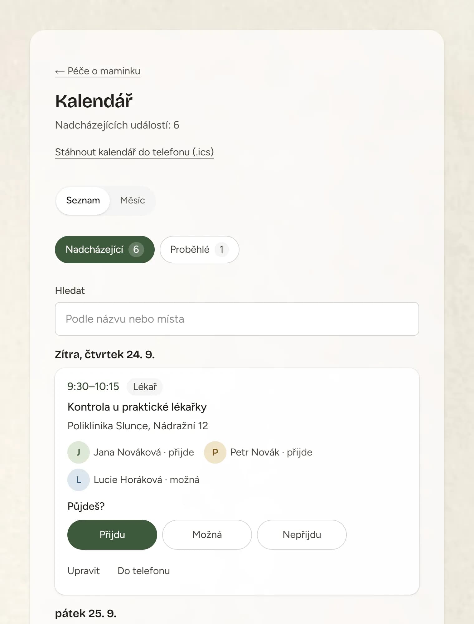 Seznam nadcházejících událostí v kalendáři s odpověďmi účastníků
