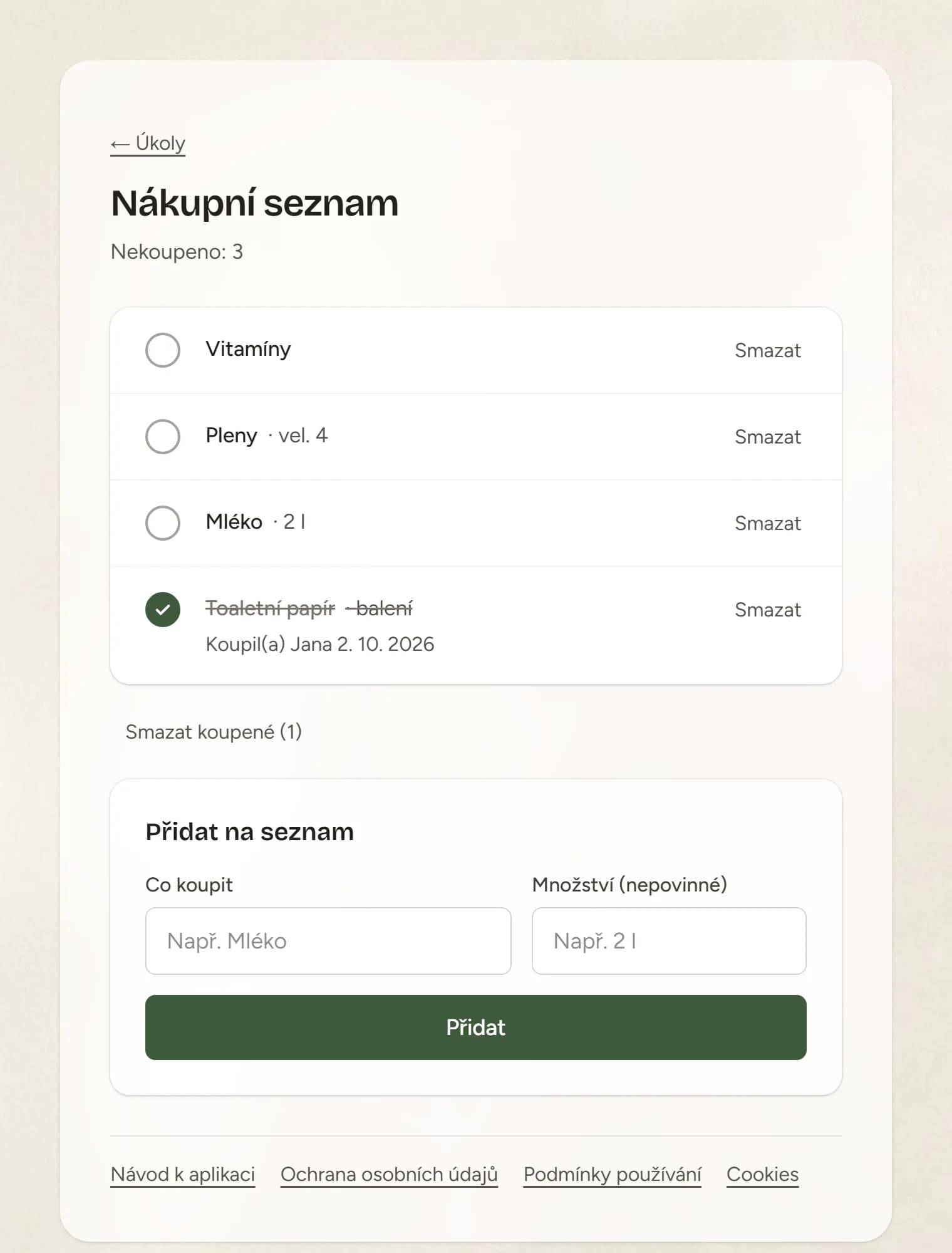 Nákupní seznam s koupenými a nekoupenými položkami a tlačítkem Smazat koupené