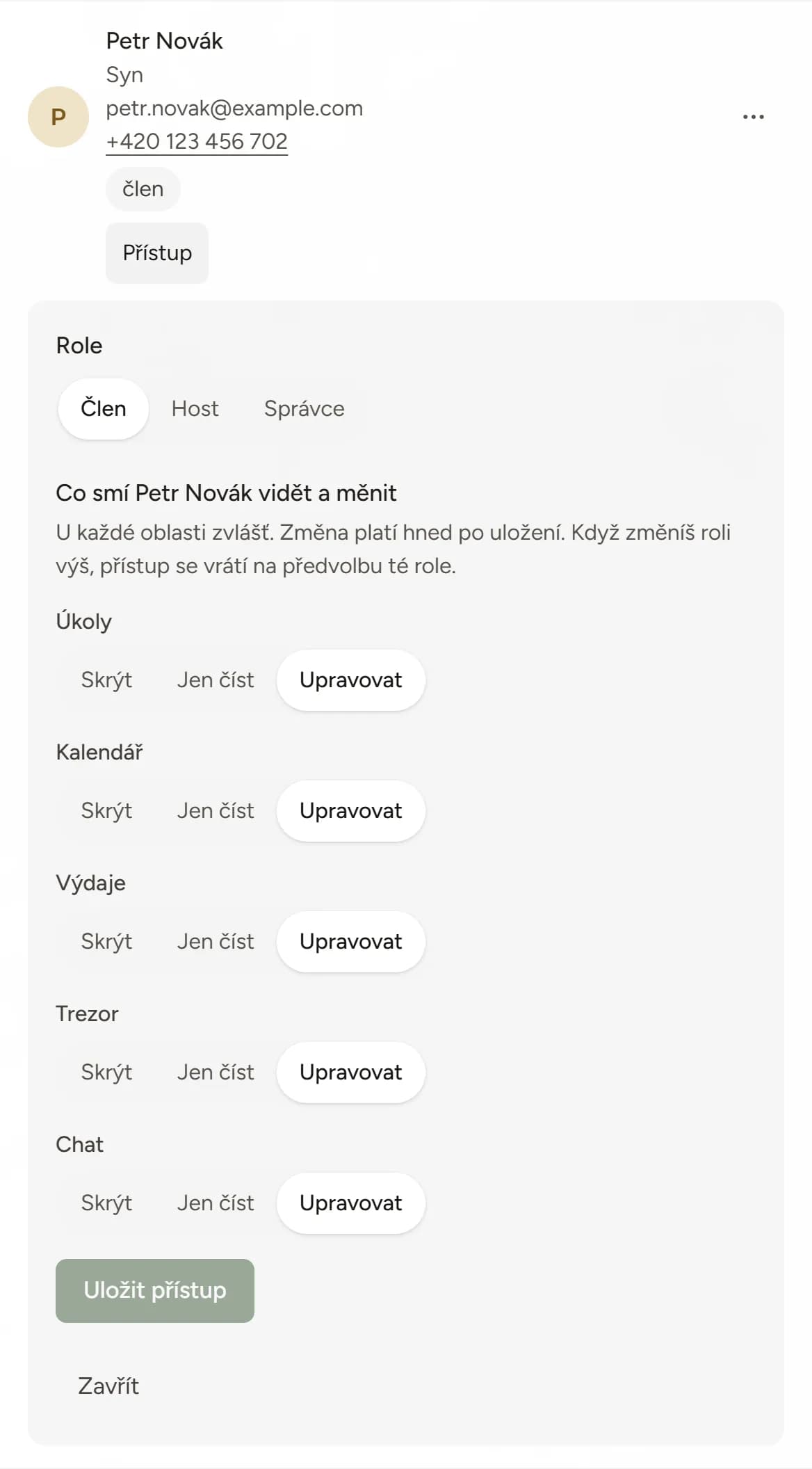 Nastavení přístupu člena po oblastech: skrýt, jen číst, upravovat