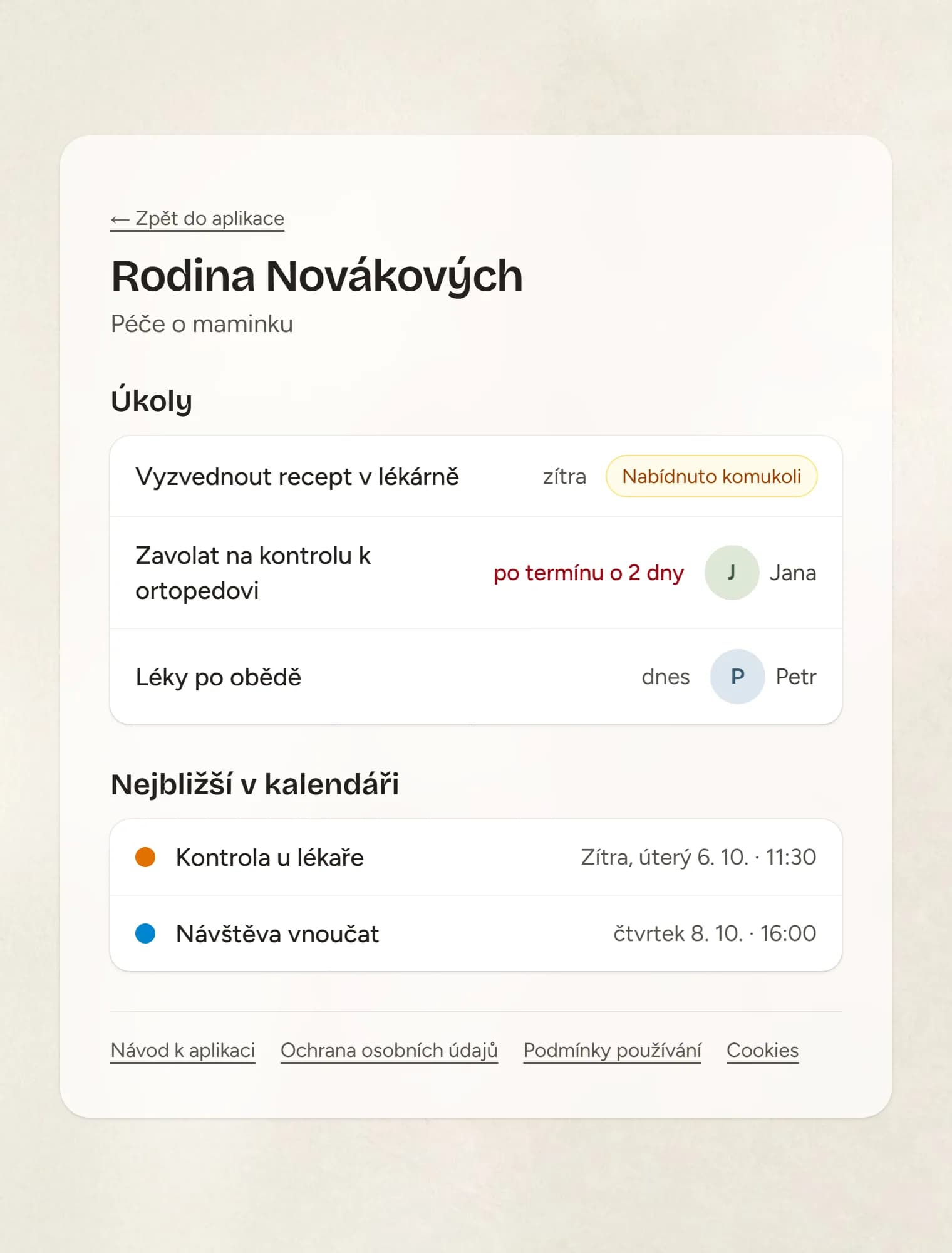 Klidový pohled s otevřenými úkoly a nejbližšími událostmi z kalendáře, bez menu