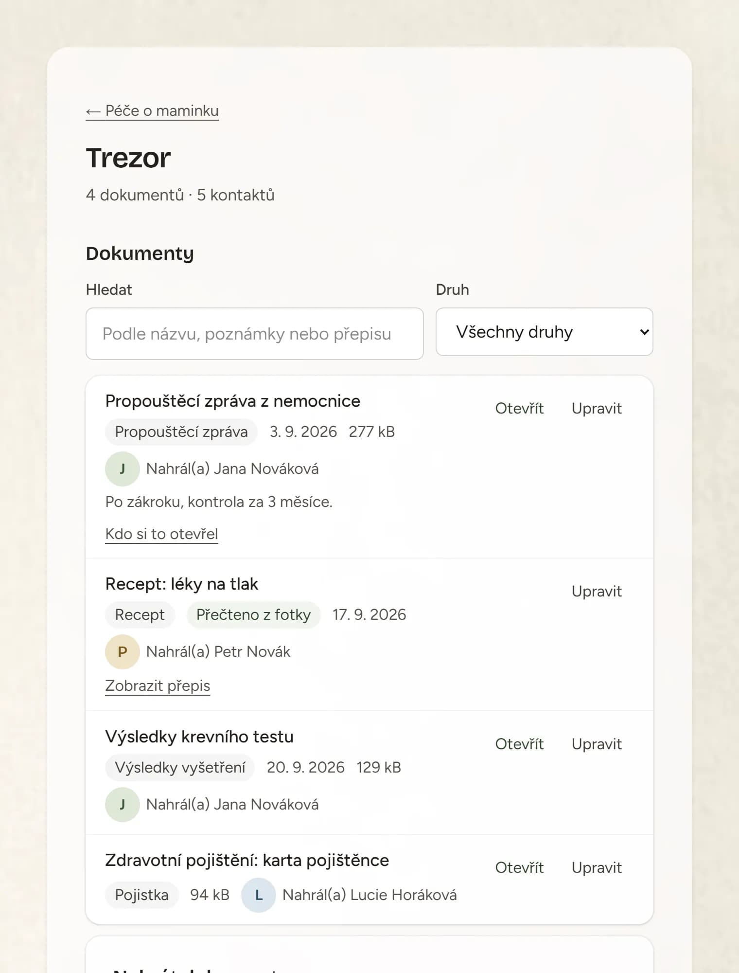 Trezor s dokumenty a seznamem kontaktů