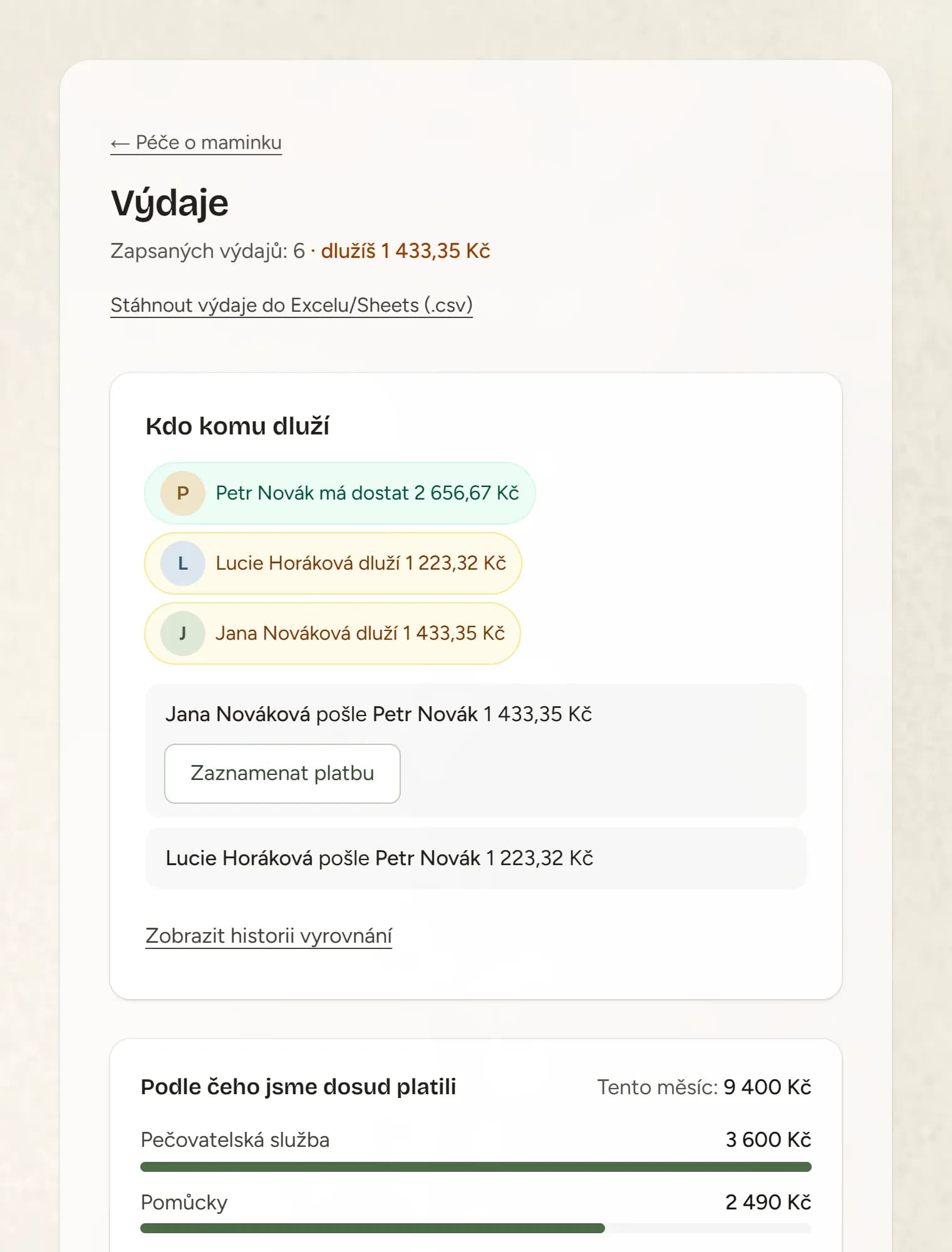 Přehled výdajů se zůstatky členů a návrhem vyrovnání
